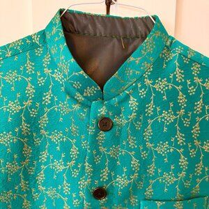 Green/Gold Kurta Vest - Nehru / Bandi Jacket (L/XL)